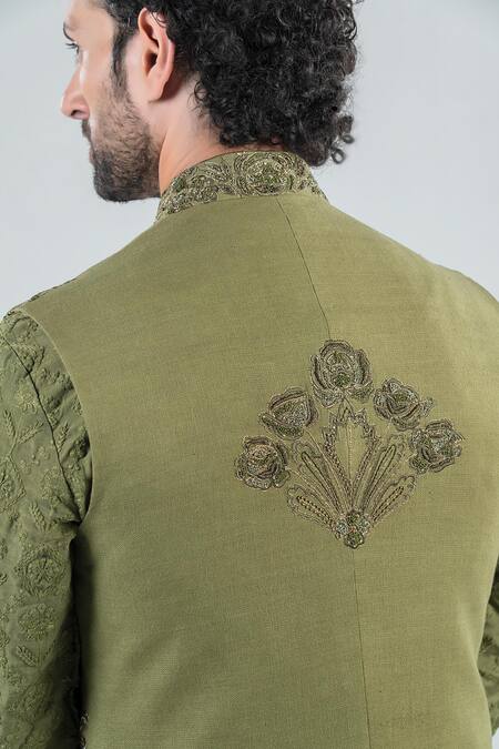 Shop_Punit Arora_Olive Green Silk, Modal Embroidery Grandiose Thread Work Bundi And Kurta Set _Online_at_Aza_Fashions