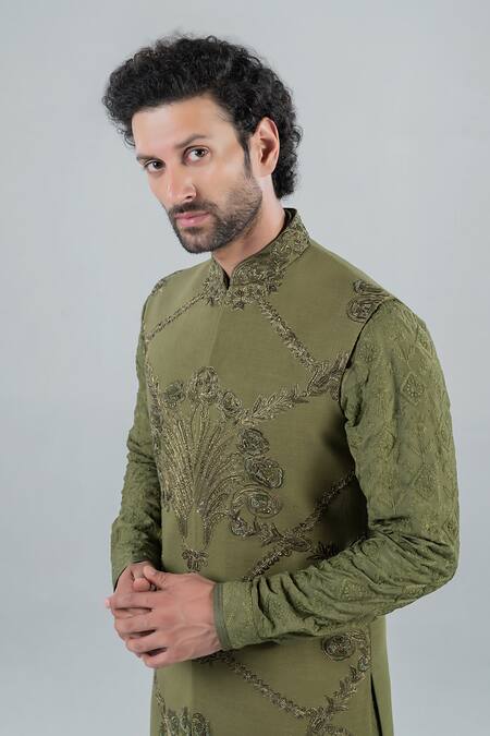 Punit Arora_Olive Green Silk, Modal Embroidery Grandiose Thread Work Bundi And Kurta Set _at_Aza_Fashions