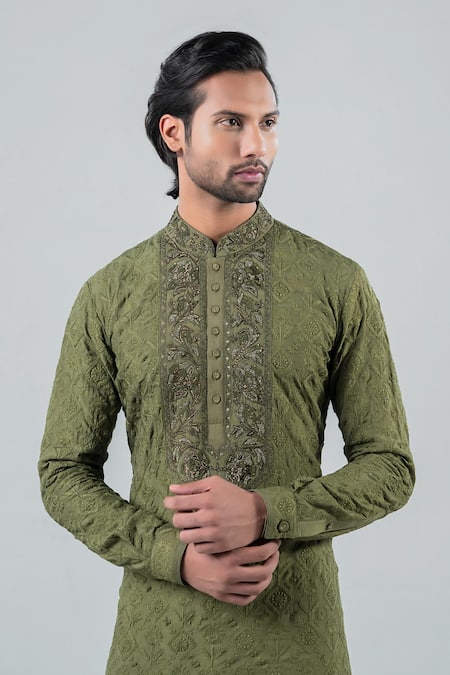 Punit Arora_Green Modal Embroidery Gardenia Thread Work Kurta Salwar Set _Online_at_Aza_Fashions