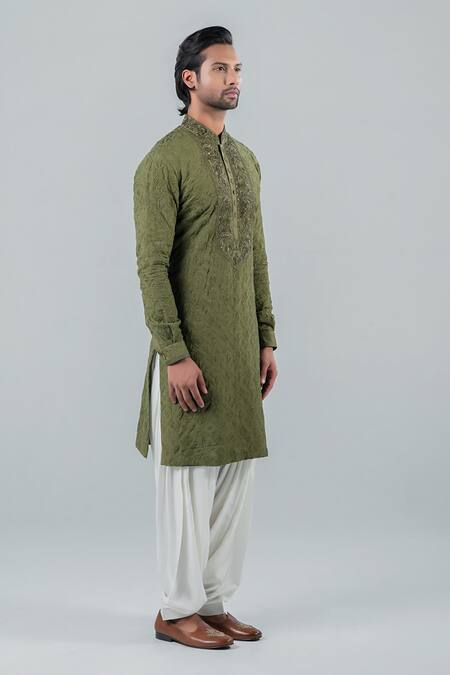 Shop_Punit Arora_Green Modal Embroidery Gardenia Thread Work Kurta Salwar Set _Online_at_Aza_Fashions