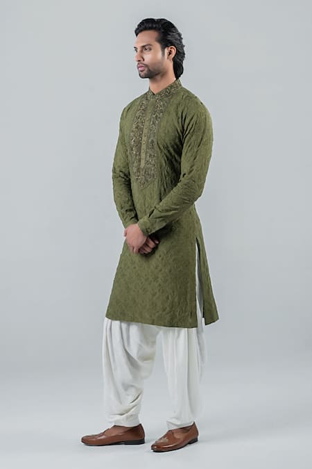 Punit Arora_Green Modal Embroidery Gardenia Thread Work Kurta Salwar Set _at_Aza_Fashions