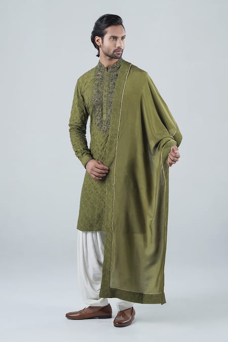 Buy_Punit Arora_Green Modal Embroidery Gardenia Thread Work Kurta Salwar Set 