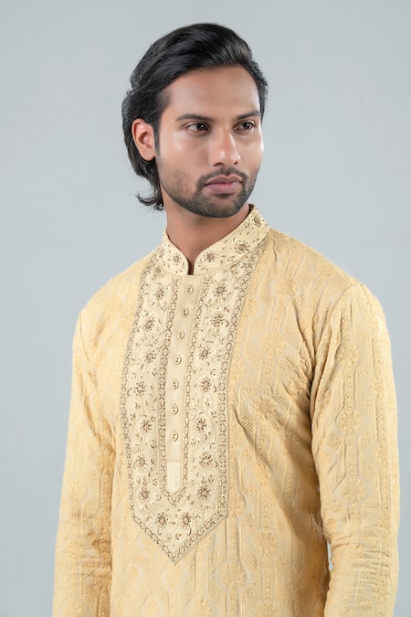 Shop_Punit Arora_Yellow Modal Embroidery Zardozi Threadwork Kurta Set _Online_at_Aza_Fashions