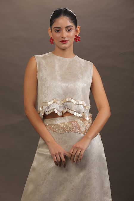 Vedangi Agarwal_Ivory Organza, Brocade Sequins, Cut Work Top And Skirt Set _at_Aza_Fashions