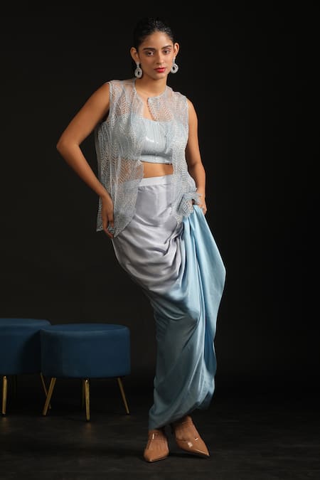 Vedangi Agarwal Leaves Embroidered Jacket & Ombre Draped Skirt Set 