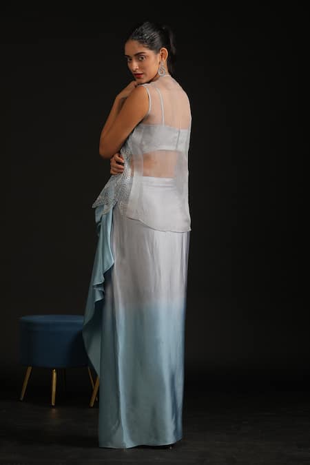 Vedangi Agarwal Leaves Embroidered Jacket & Ombre Draped Skirt Set 