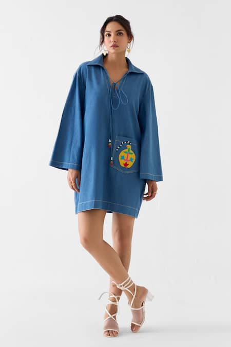 Studio Rigu_Blue Cotton, Denim Embroidery, Beads, Patchwork Placement Dress _Online_at_Aza_Fashions