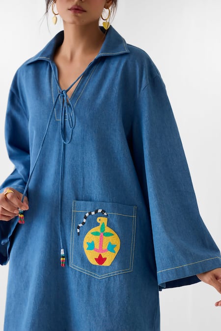 Shop_Studio Rigu_Blue Cotton, Denim Embroidery, Beads, Patchwork Placement Dress _Online_at_Aza_Fashions