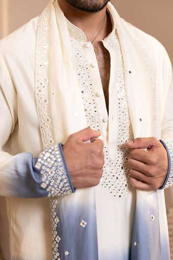Shop Kaaj Button Blue Chanderi Silk, Cotton, Lycra Mirrors Sheesh Mahal Embroidered Kurta Set Online at Aza Fashions Shop_Kaaj Button_Blue Chanderi Silk, Cotton, Lycra Mirrors Sheesh Mahal Embroidered Kurta Set _Online_at_Aza_Fashions