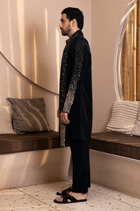 Shop_Kaaj Button_Blue Zari Glitterfall Embroidered Kurta Set _Online_at_Aza_Fashions