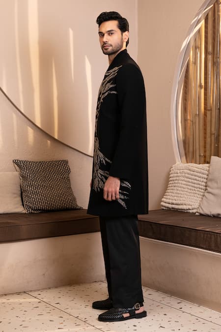 Buy Kaaj Button Black Embroidery Eagle Sherwani Set Online at Aza Fashions Buy_Kaaj Button_Black Embroidery Eagle Sherwani Set _Online_at_Aza_Fashions