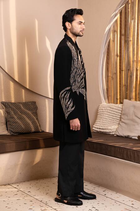 Kaaj Button Black Embroidery Eagle Sherwani Set at Aza Fashions Kaaj Button_Black Embroidery Eagle Sherwani Set _at_Aza_Fashions