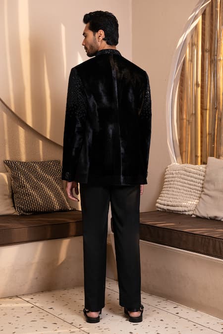 Kaaj Button Velvet Embroidered Bandhgala Set 