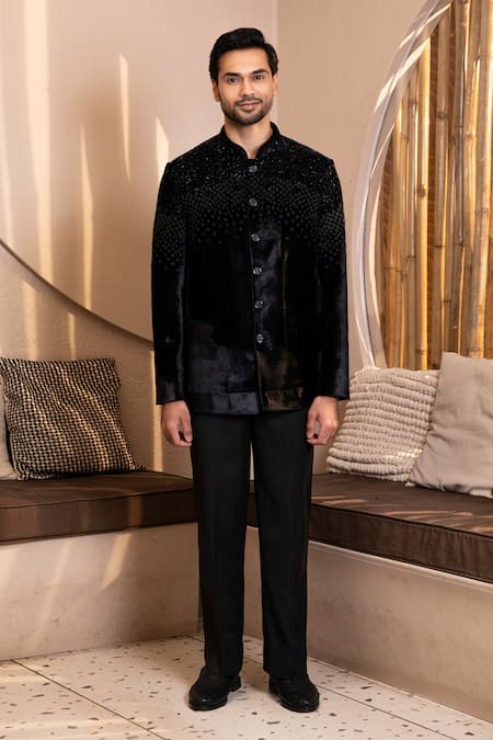 Kaaj Button Velvet Embroidered Bandhgala Set 