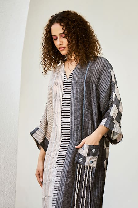 Basil Leaf Grey Silk, Linen Tassels Printed Midi Dress Online at Aza Fashions Basil Leaf_Grey Silk, Linen Tassels Printed Midi Dress _Online_at_Aza_Fashions