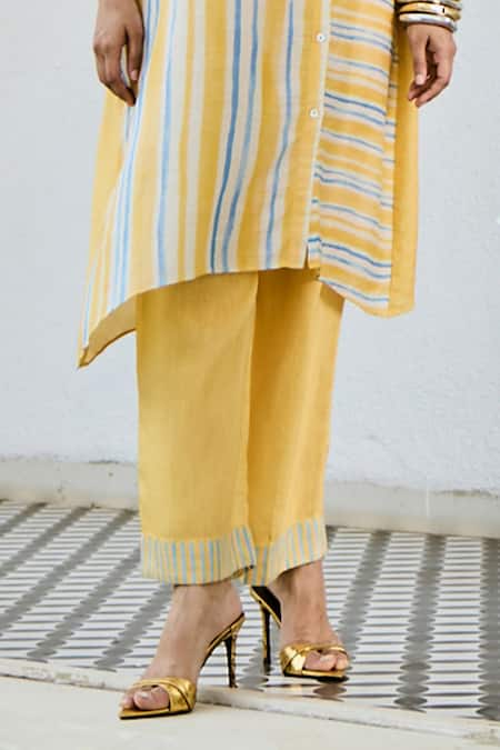 Basil Leaf Blue Silk, Linen Embroidery Printed Kurta And Pant Set Online at Aza Fashions Basil Leaf_Blue Silk, Linen Embroidery Printed Kurta And Pant Set _Online_at_Aza_Fashions