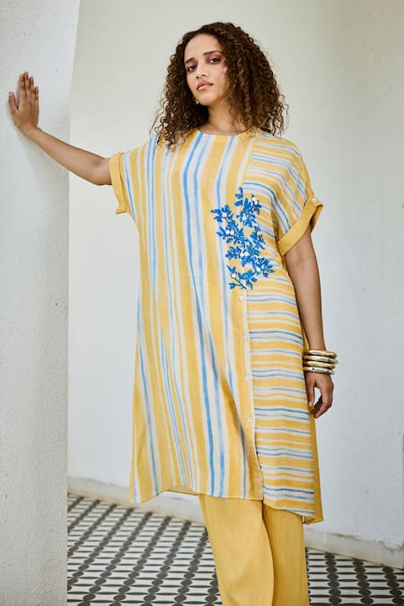 Shop Basil Leaf Blue Silk, Linen Embroidery Printed Kurta And Pant Set Online at Aza Fashions Shop_Basil Leaf_Blue Silk, Linen Embroidery Printed Kurta And Pant Set _Online_at_Aza_Fashions