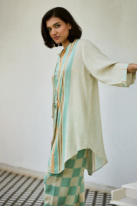 Basil Leaf_Off White Linen Stripe Print Kurta And Pant Set _Online_at_Aza_Fashions