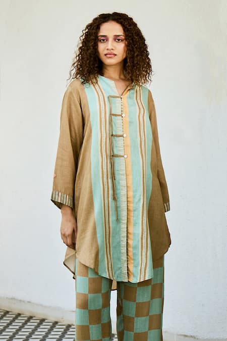 Basil Leaf Brown Linen Tassels Printed Kurta And Pant Set Online at Aza Fashions Basil Leaf_Brown Linen Tassels Printed Kurta And Pant Set _Online_at_Aza_Fashions