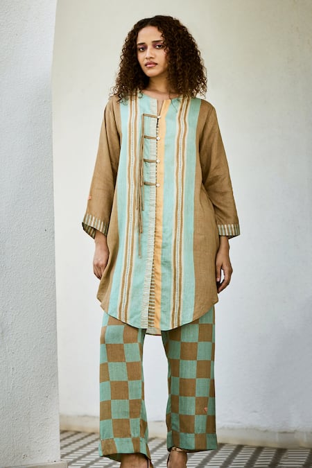 Buy Basil Leaf Brown Linen Tassels Printed Kurta And Pant Set Online at Aza Fashions Buy_Basil Leaf_Brown Linen Tassels Printed Kurta And Pant Set _Online_at_Aza_Fashions