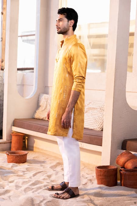 Kaaj Button Yellow Cotton, Satin, Linen, Lycra Embroidery, Sequins Rainfall Kurta Set at Aza Fashions Kaaj Button_Yellow Cotton, Satin, Linen, Lycra Embroidery, Sequins Rainfall Kurta Set _at_Aza_Fashions