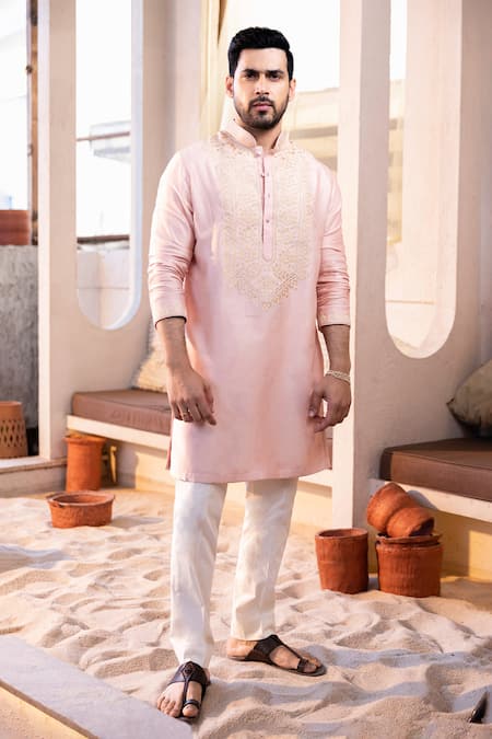 Kaaj Button Thread Yoke Embroidered Kurta Set 