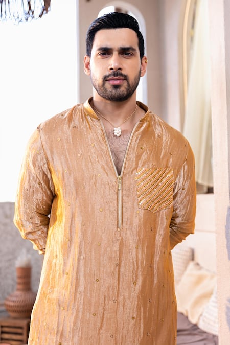 Buy_Kaaj Button_Orange Cotton, Tissue, Lycra Embroidery, Sequins Work Kurta Set _Online_at_Aza_Fashions