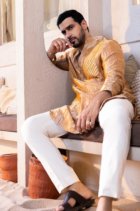 Shop_Kaaj Button_Orange Cotton, Tissue, Lycra Embroidery, Sequins Work Kurta Set _Online_at_Aza_Fashions