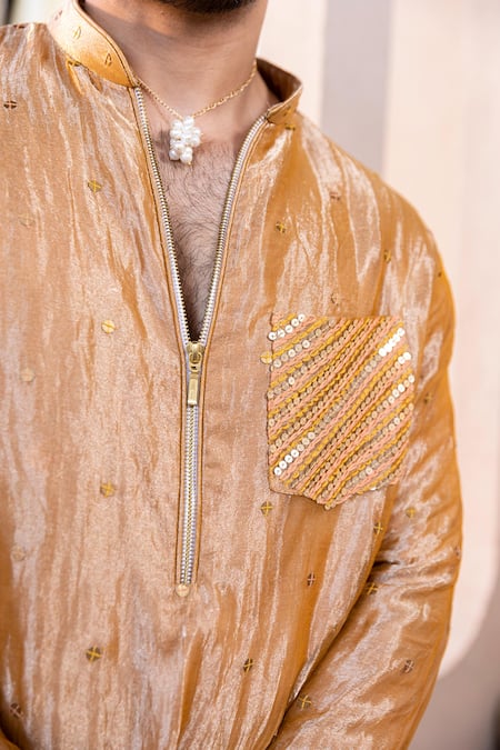 Kaaj Button_Orange Cotton, Tissue, Lycra Embroidery, Sequins Work Kurta Set _at_Aza_Fashions