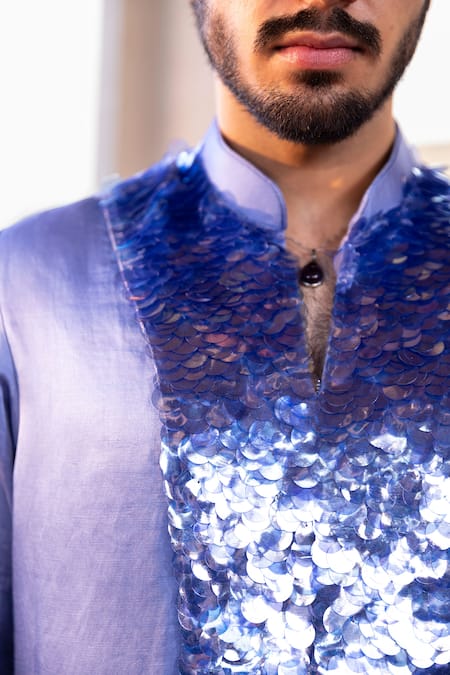 Shop_Kaaj Button_Purple Cotton, Satin, Linen Sequins Shimmer Yoke Embroidered Kurta Set _Online_at_Aza_Fashions