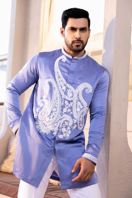 Kaaj Button_Purple Cotton, Satin, Linen, Lycra Embroidery Peacock Thread Work Kurta Set _at_Aza_Fashions