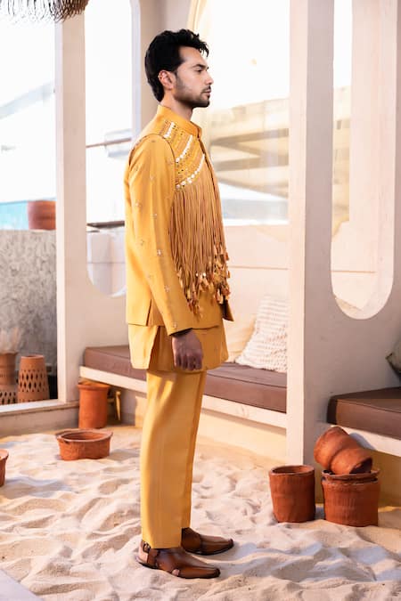 Buy Kaaj Button Yellow Chanderi Silk Mirrors, Tassels Embroidered Bundi And Kurta Set Online at Aza Fashions Buy_Kaaj Button_Yellow Chanderi Silk Mirrors, Tassels Embroidered Bundi And Kurta Set _Online_at_Aza_Fashions