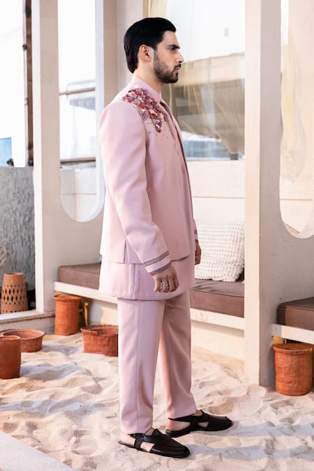 Shop Kaaj Button Pink Embroidery, Tassels Camel Carnival Sherwani Set Online at Aza Fashions Shop_Kaaj Button_Pink Embroidery, Tassels Camel Carnival Sherwani Set _Online_at_Aza_Fashions