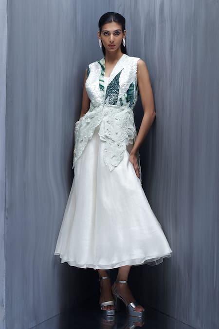 Richa Khemka Sylvara Coral Silk Organza Dress & Top Set 