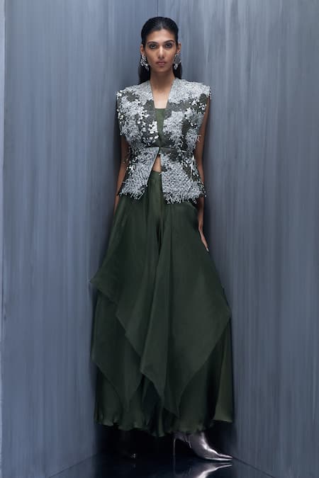 Richa Khemka Bastian Satin Embellished Jacket Sharara Set 