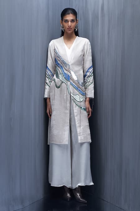 Richa Khemka Grey Vellus Embellished Jacket With Jumpsuit 