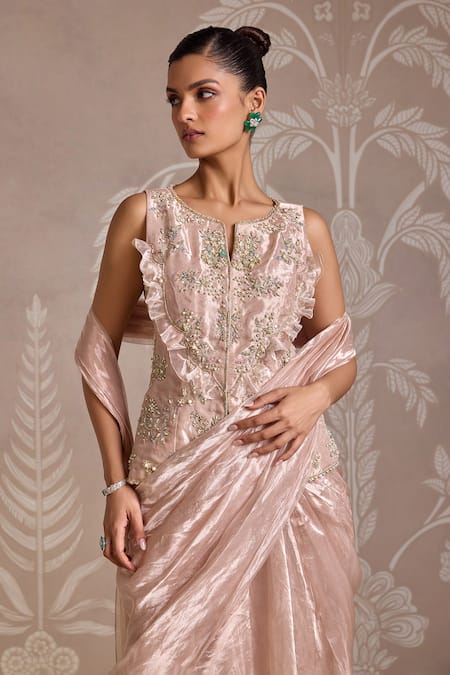 Ridhi Mehra Rose Gold Tissue Ruffles, Embroidery Pre-draped Saree With Top at Aza Fashions Ridhi Mehra_Rose Gold Tissue Ruffles, Embroidery Pre-draped Saree With Top _at_Aza_Fashions