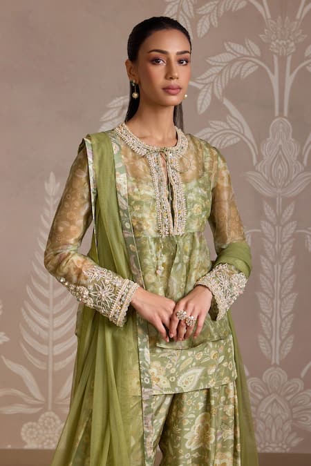 Buy_Ridhi Mehra_Green Organza, Silk, Net Embroidery Wisp Jacket And Kurta Set _Online_at_Aza_Fashions