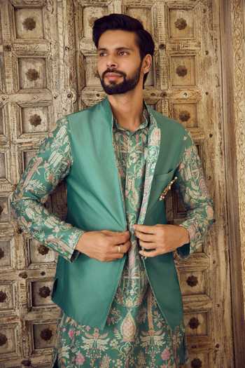Shop Ridhi Mehra Green Chanderi Whimsy Reversible Bundi And Kurta Set Online at Aza Fashions Shop_Ridhi Mehra_Green Chanderi Whimsy Reversible Bundi And Kurta Set _Online_at_Aza_Fashions