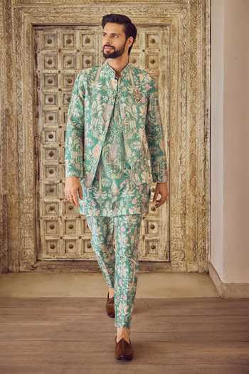 Shop Ridhi Mehra Green Chanderi Whimsy Reversible Bundi And Kurta Set Shop_Ridhi Mehra_Green Chanderi Whimsy Reversible Bundi And Kurta Set