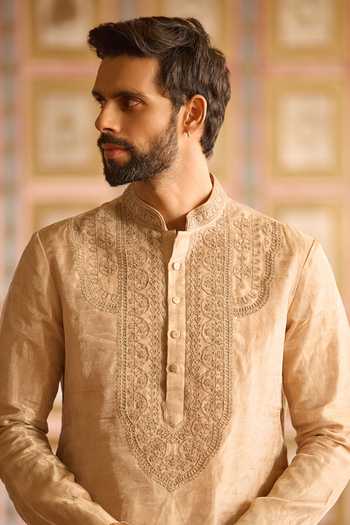 Ridhi Mehra_Gold Tissue, Chanderi Embroidery Glow Yoke Kurta Set _Online_at_Aza_Fashions