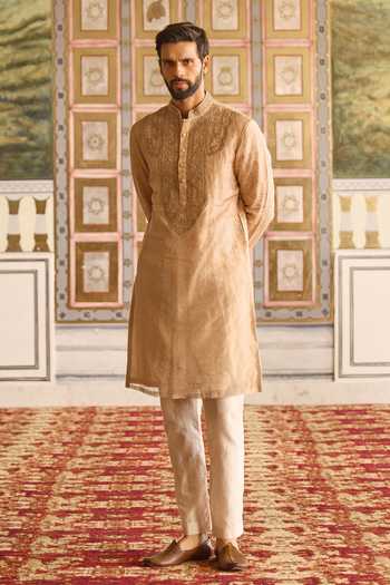 Shop_Ridhi Mehra_Gold Tissue, Chanderi Embroidery Glow Yoke Kurta Set _Online_at_Aza_Fashions