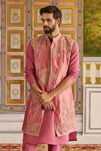 Ridhi Mehra_Gold Tissue, Silk Zari Heirloom Embroidered Longline Bundi And Kurta Set _Online_at_Aza_Fashions