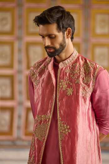 Shop_Ridhi Mehra_Gold Tissue, Silk Zari Heirloom Embroidered Longline Bundi And Kurta Set _Online_at_Aza_Fashions