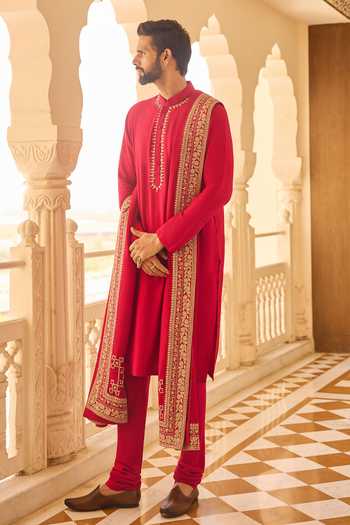 Ridhi Mehra_Red Silk, Tussar Zari Belong Kurta Set With Embroidered Shawl _Online_at_Aza_Fashions