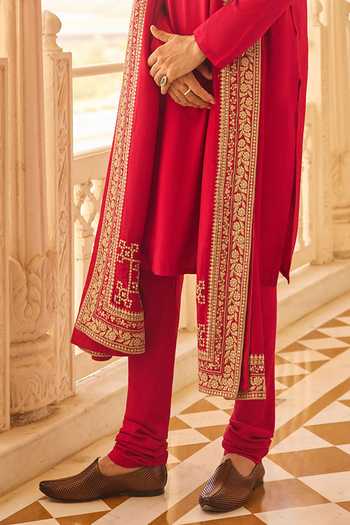 Buy_Ridhi Mehra_Red Silk, Tussar Zari Belong Kurta Set With Embroidered Shawl _Online_at_Aza_Fashions