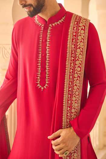 Shop_Ridhi Mehra_Red Silk, Tussar Zari Belong Kurta Set With Embroidered Shawl _Online_at_Aza_Fashions