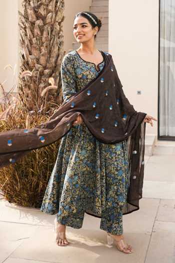 Buy_Gulabo Jaipur_Blue Cotton, Cambric Embroidery Notched Neck Arwa Floral Print Anarkali Pant Set _Online_at_Aza_Fashions