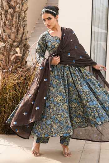 Shop_Gulabo Jaipur_Blue Cotton, Cambric Embroidery Notched Neck Arwa Floral Print Anarkali Pant Set _Online_at_Aza_Fashions