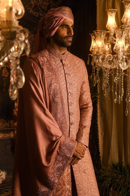 Punit Arora_Pink Silk Embroidery, Zari, Sequins Sherwani Set _Online_at_Aza_Fashions